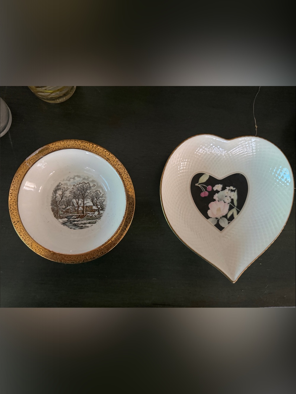 Heart-Shaped White Porcelain Trinket Dish with Floral Center and Gold Trim